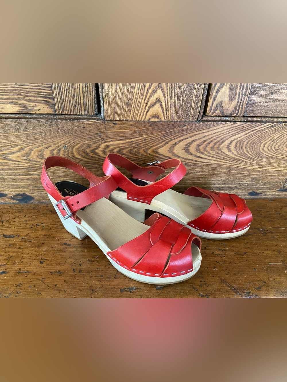 Swedish Hasbeens 38 8 wooden clogs red leather sandals 2.5” heel